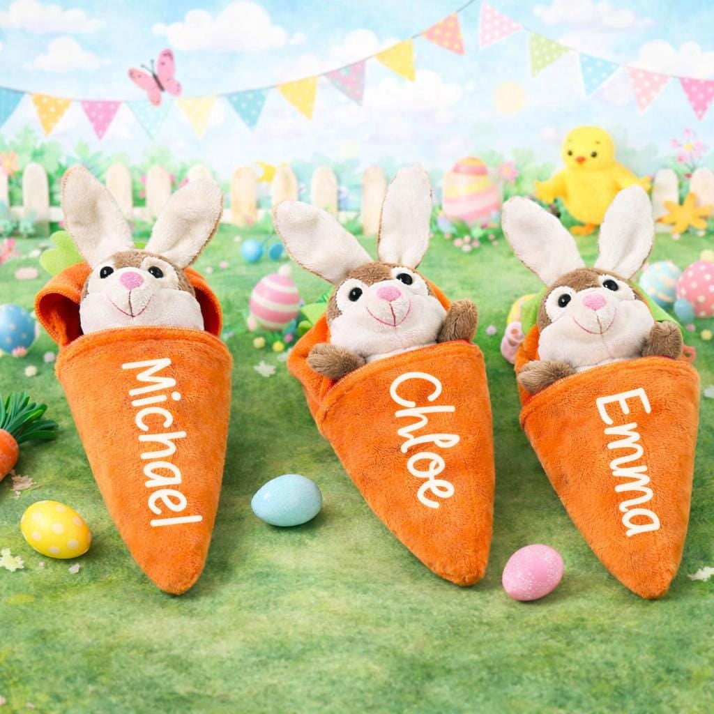 Personalized Bunny in Carrot - Customized Stuffed Rabbit Accessory - Unique Easter Gift Charm