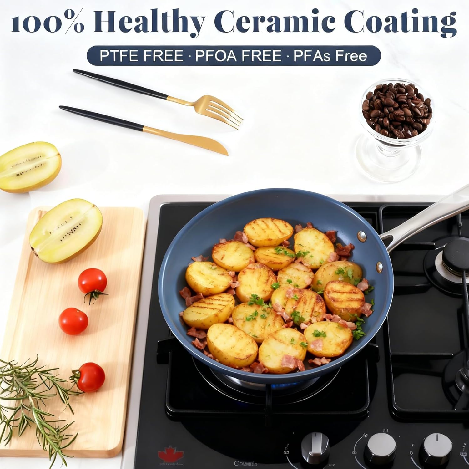 10 Inch Stainless Steel Non Stick Frying Pan with Ceramic Coating and Lid, Blue Induction Safe Cookware for Gas Electric Stove