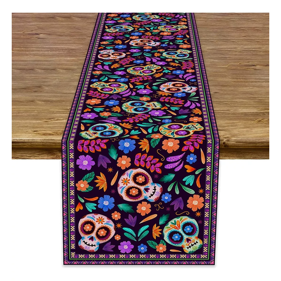 Camino De Mesa Textura Lino 33 x 183 cm Estilo Mexicano Esqueleto