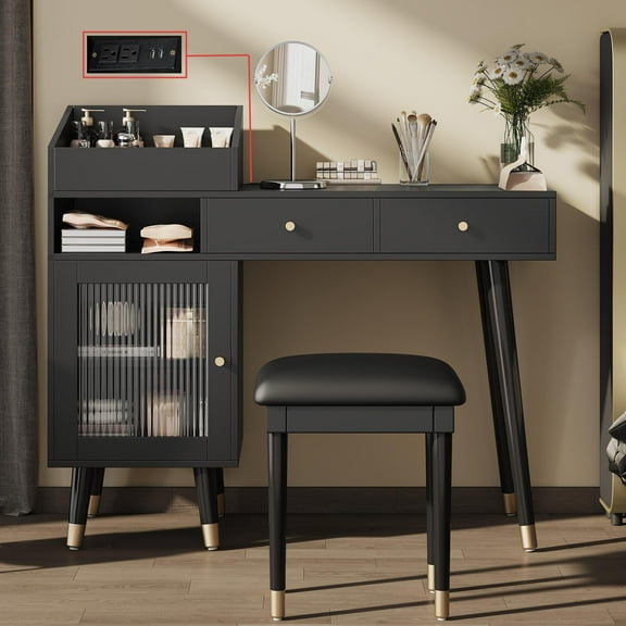 AENKYO Vanity Table with Charging Station and Stool, Makeup Desk with 2 Drawers for Bedroom, Home Office, Black
