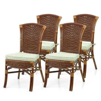 SK New Interiors Set of 4 Alexa Dining Side Chairs Natural Rattan Wicker Handmade with Cushion, Dark Walnut Color
