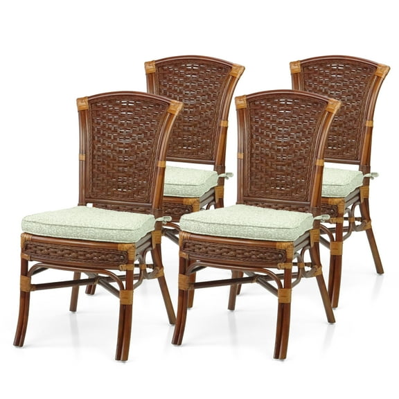 SK New Interiors Set of 4 Alexa Dining Side Chairs Natural Rattan Wicker Handmade with Cushion, Dark Walnut Color