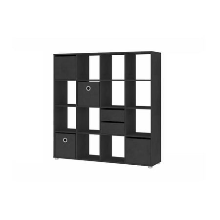 Demi 4 X 4 Bookcase with Door and Drawers, Black Wood Grain, Box 3 of 3
