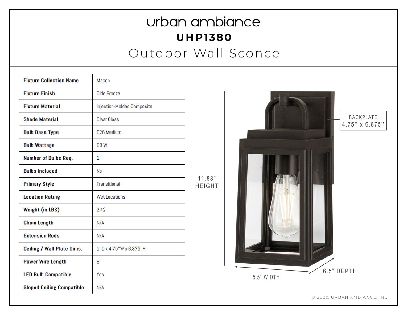 Luxury Farmhouse Wall Sconce, 11.875H x 5.5W, with Modern Farmhouse Style, Olde Bronze, UHP1380 by Urban Ambiance