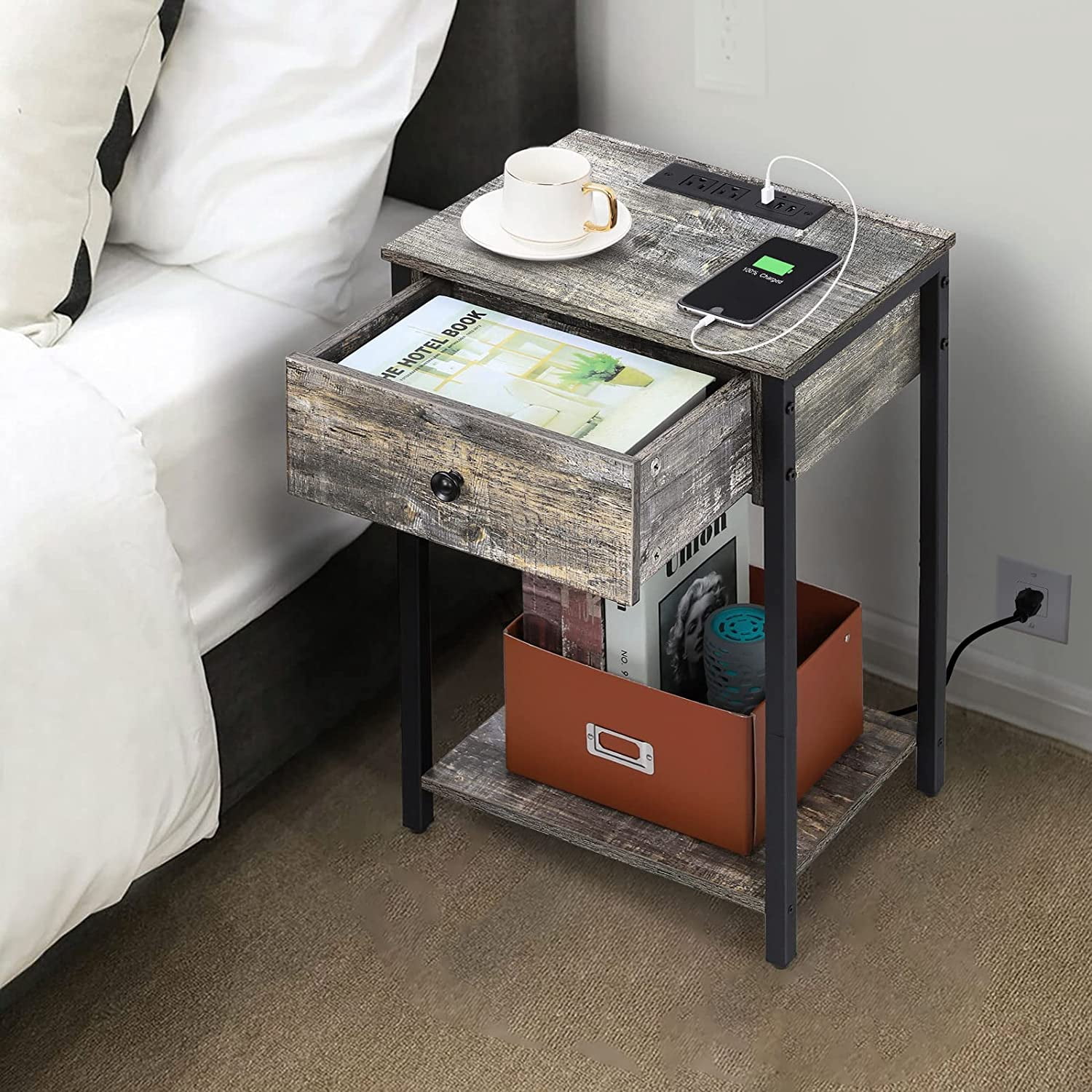 Oumilen Adult Nightstand End Table with Charging Station, USB Ports, Drawer and Storage Shelf, Gray
