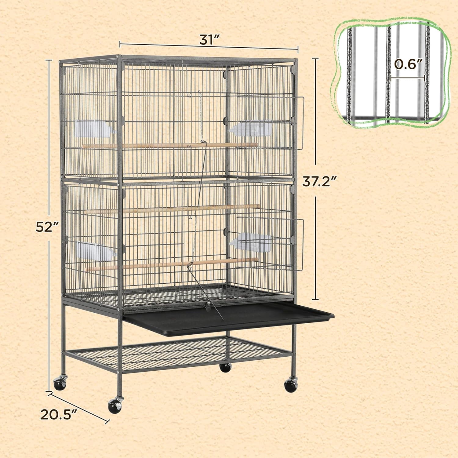 52'' Bird cage w/Perches & Feeders, Large Birdcage with Pull-Out Tray, Rolling Wheels, Extra Storage, Flight Cage for Cockatiel, Parrot, Parakeet, Conure, Budgie, Pigeon Small/Medium Birds