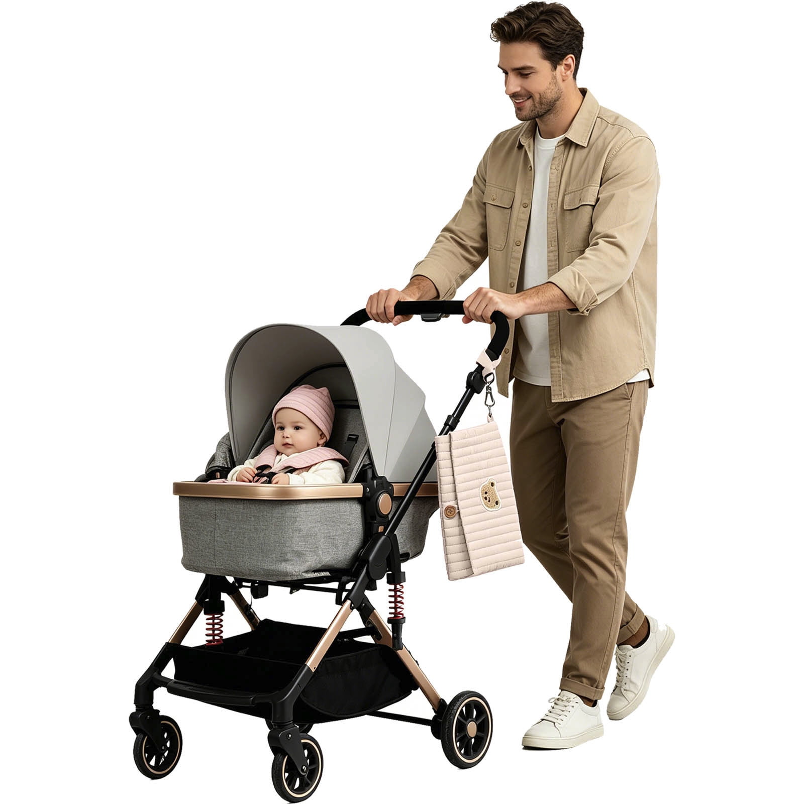 Bear Embroidery Baby Organizer Bag 10.6 Inch Multifunction Diaper Clutch with Wipes Pocket Portable Stroller Attachment Storage Pouch for Travel Khaki