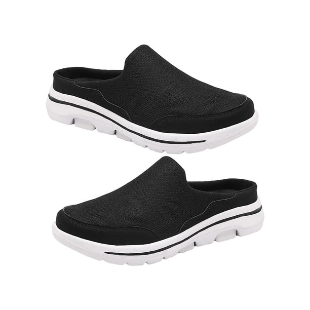 Zapatillas de malla portátiles Minnieouse para mujer, sandalias de tacón plano, suela de EVA, color Blanco negro, talla 43