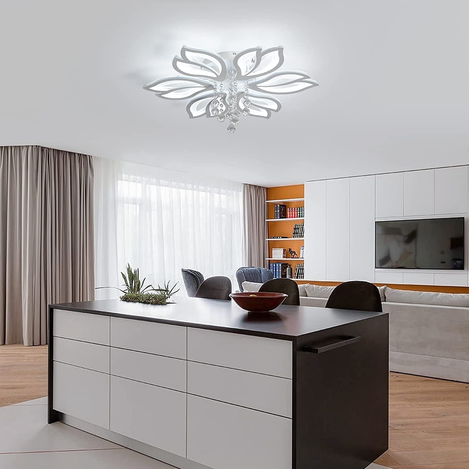 Garwarm Dimmable Modern Ceiling Light, 56W LED Flower Ceiling Lamp, White Acrylic Flower Light Fixture, 6-Head Flush Mount Chandelier Ceiling with Remote, Ideal for Bedroom Kitchen Dining Room