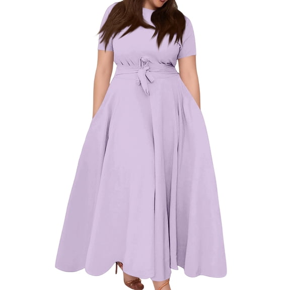 LWavelet Women's Plus Size Maxi Dress Short Sleeve Round Neck Tie Waist Casual Flowy Dress with Pockets Purple 2XL