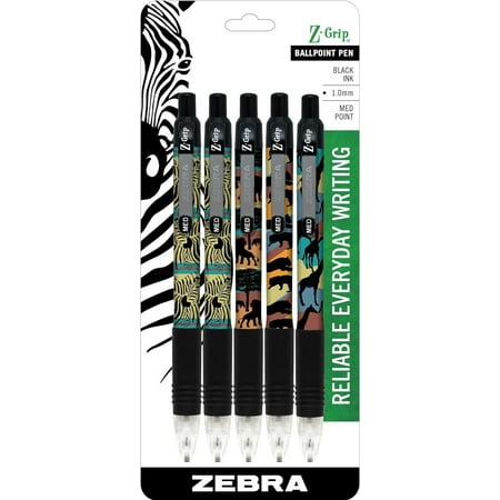 Zebra Z-Grip Safari Retractable Ballpoint Pen, Medium Point, 1.0mm, Assorted Colors, 5-Count