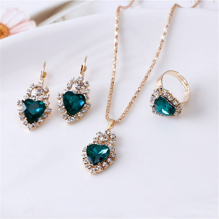 Mortilo Jewelry Love Heart Necklace Pendant Earrings Ring Set Love Heart Jewelry for Women Girls Jewelry Sets for Women Metal Green, Women's, Size: One Size