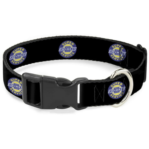 GM General Motors Pet Collar, Dog Collar Plastic Buckle, Chevrolet Super Service Logo Black Blue Yellow White, 7 to 8.5 Inches 0.5 Inch Wide