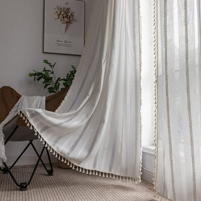 Cortinas BCLBUSTE, bordado bohemio, lino a rayas, 213 x 213 cm, color blanco