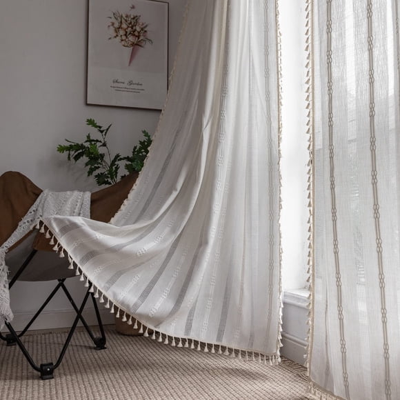 Cortinas BCLBUSTE, bordado bohemio, lino a rayas, 213 x 213 cm, color blanco