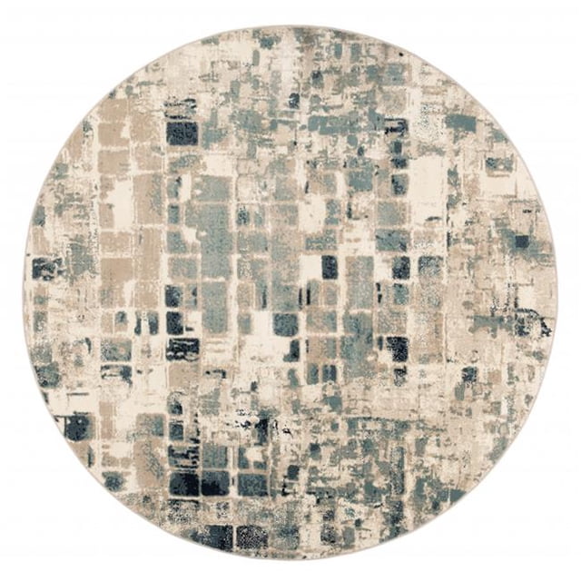HomeRoots 475598 Tapis Rond Beige & Bleu 8 Pieds Carreaux Abstraits Vieilli
