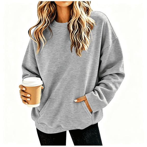 Tdoqot Womens Sweatshirts with Pockets- Long Sleeve Loose Fit Casual Crewneck Fall Trendy Pullover Tops Gray