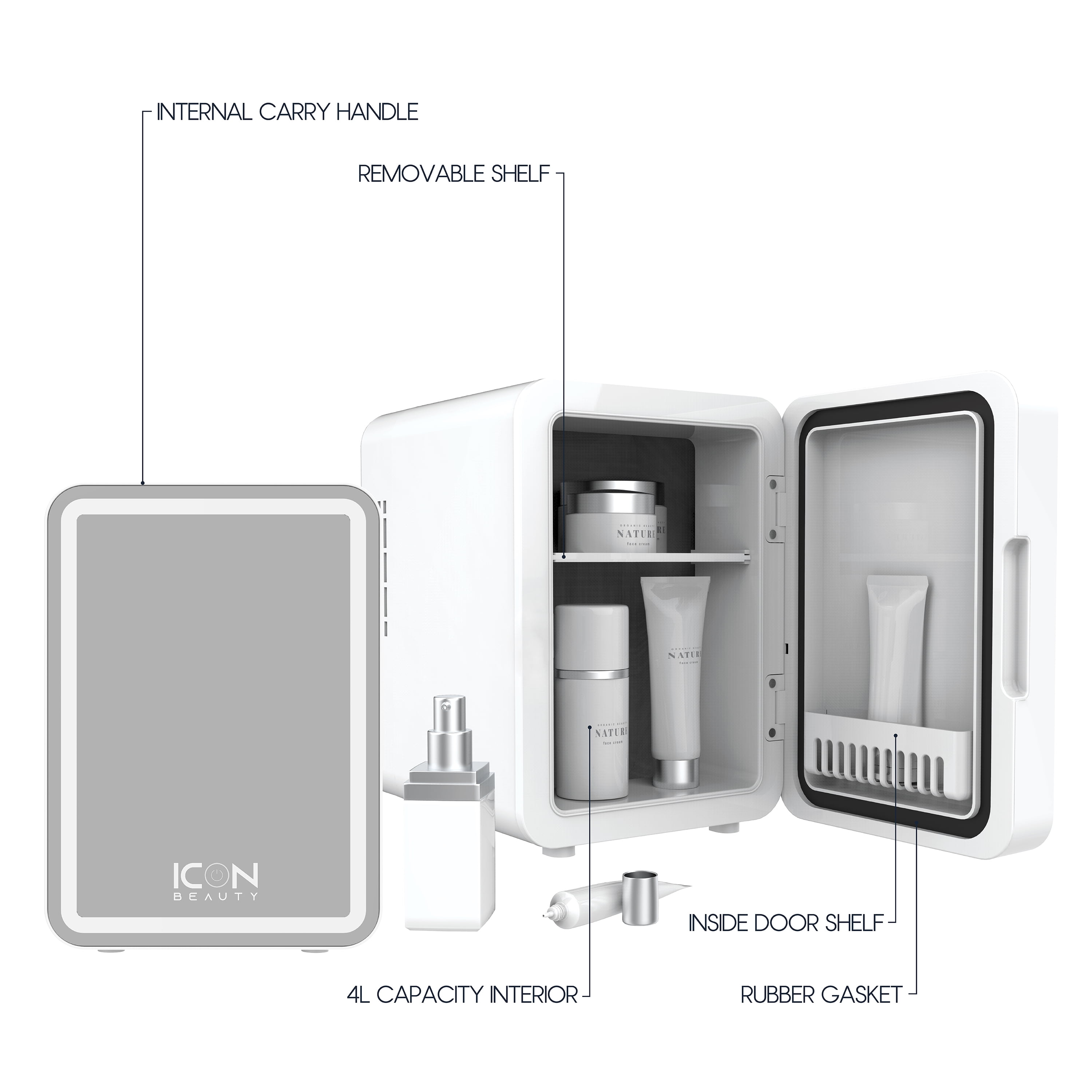 Icon Beauty LED Mirror Door 6.75in. Mini Cooler, 4-Liter Compact Mini Fridge with Touch-Control LED Light and Standard Door, New