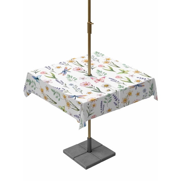 Outdoor Tablecloths with Umbrella Hole & Zipper, Spring Floral 60x60 Inch Square Tablecloths, Elegant Pastoral Flowers Dragonfly Watercolor Waterproof Table Cloth, Patio/Pool/Picnic Table Covers