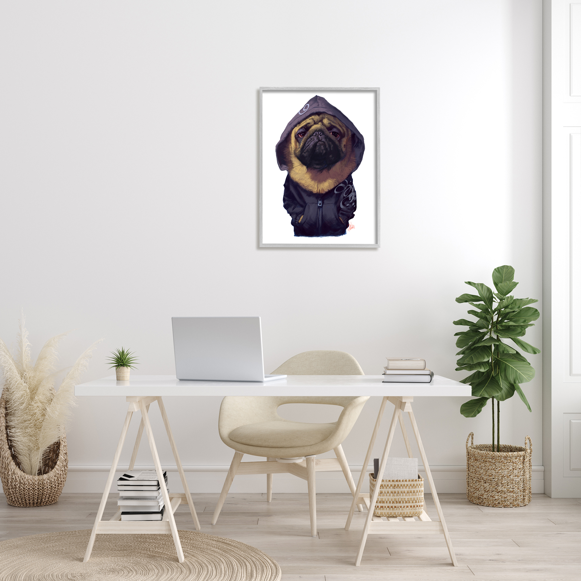 Stupell Industries Pug in Street Wear Urban Fashion Moody Dog Novelty Painting Gray Framed Art Print Wall Art, 24 x 30, Design by Thomas Fluharty