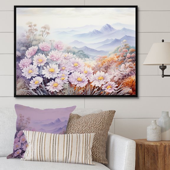 Designart "Mountain Meadow Adorned With Mums" Flowers Floater Framed Wall Decor