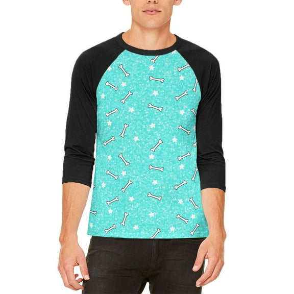 Bones and Stars Glitter Pattern Mens Raglan T Shirt White-Black X-LG