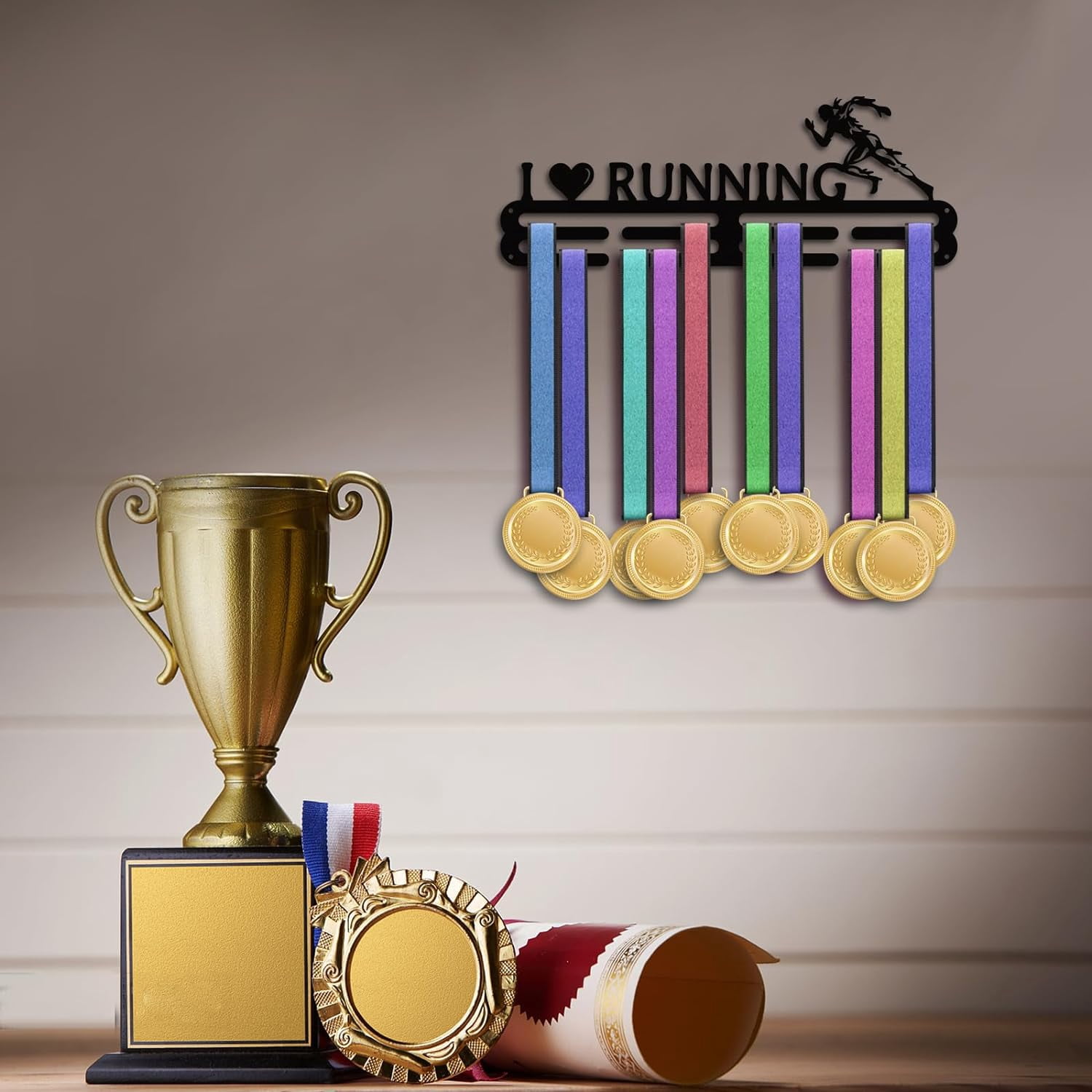 Medal Display Hanger Holder Running Pattern Medal Holder 15.7" Awards Ribbon Hanger Medal Display Wall Rack Sports Medal Hanger Display for Sports Athletes Awards Ribbons Cheer