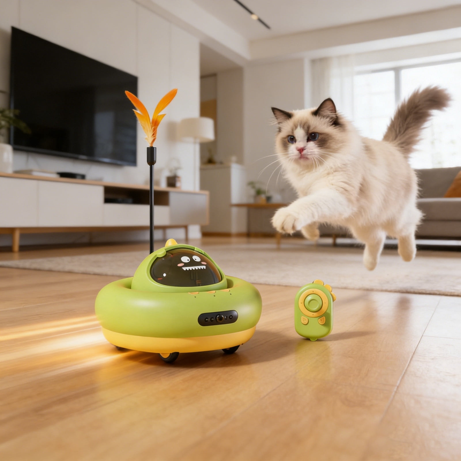 Interactive Smart Cat Automatic Food Dispensing Remote Control Toy For Indoor Play And Exercise(Green-15.5Cm)