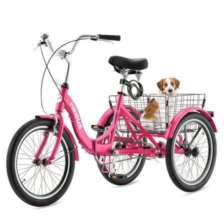 Vribus Folding Adult Tricycles Single Speed 20 in Three Wheel Bike Cruiser Trike for Adults Hot Pink