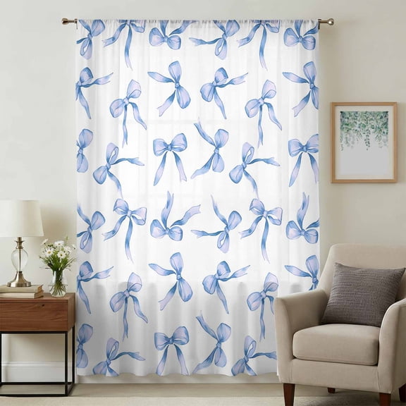 Purple Blue Bow Ribbon Sheer Curtains 72 Inches Long, Vintage Modern Art Bowknot Light Filering Curtains, Breathable Simi Curtain Privacy Drapes for Living Room Bedroom Lightweight Window Treatment