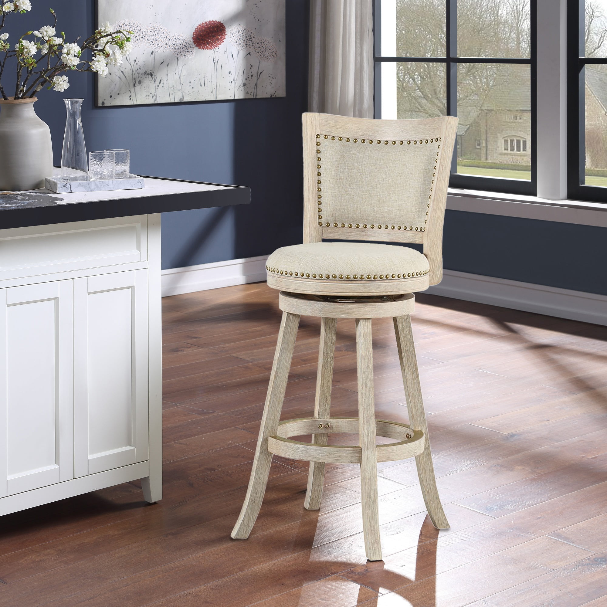 Boraam Melrose 29in. High Back Swivel Wood Bar Stool Ivory Wire