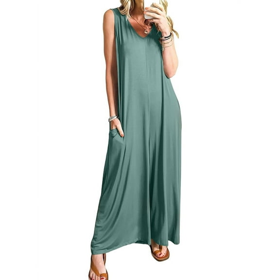 Women'S Casual Summer Loose Jumpsuits Sleeveless V Neck Wide Leg Long Rompers Baggy with Pockets Green S