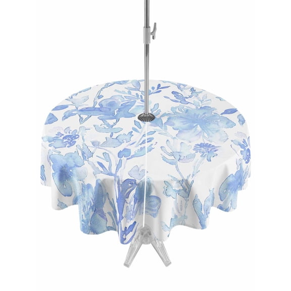 Outdoor Table Cloth with Umbrella Hole and Zipper, Watercolor Blue Floral Waterproof Round Tablecloth 60 Inch, Blue Ombre Botanical Summer Washable Table Cover for Outside Party Patio Picnic