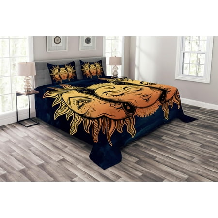 Navy Blue Abstract Art Psychedelic Bedspread Set, Moon and Sun with Many Fractal Faces Celestial Energy Mystic Art Print, Decorative Quilted Coverlet Set with Pillow Shams Included, Yellow Dark Blue, by Ambesonne ()