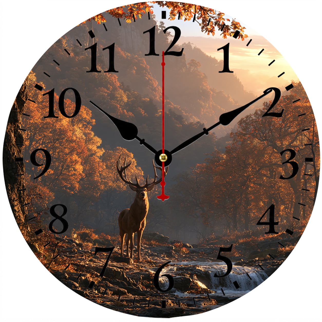 Deer Wall Clock 9.84 Inch, Rustic Autumn Forest Wildlife Battery Operated Analog Clock for Cabin Lodge Living Room Bedroom Office Decor