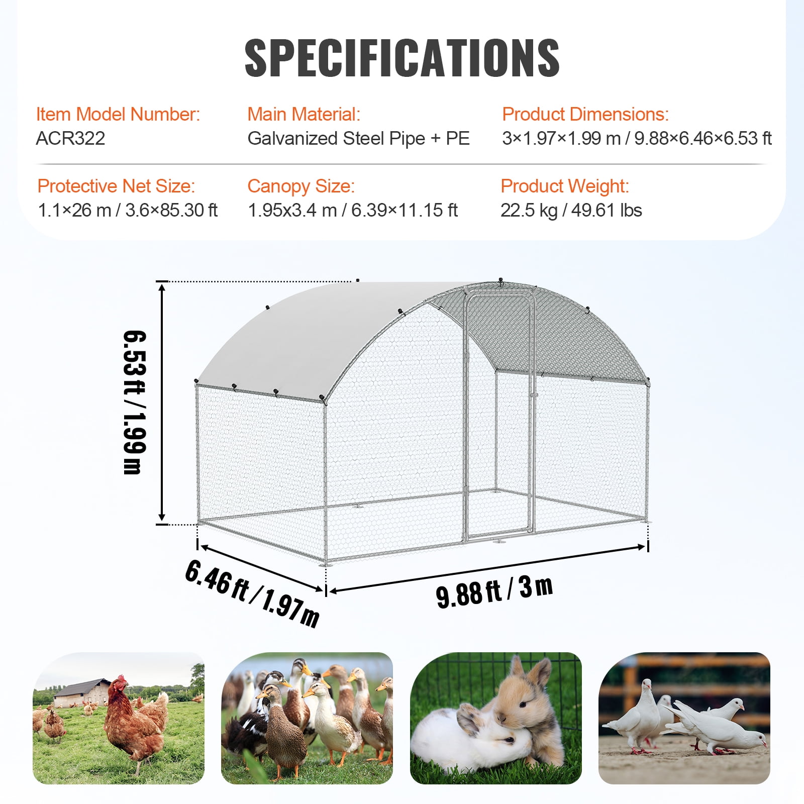 KFFKFF Metal Chicken Coop 9.8 x 6.5 x 6.5 ft Dome Roof Poultry Cage Chicken Run with Waterproof Cover Large Outdoor Walk in Chicken Coop Cage for Backyard, Farm