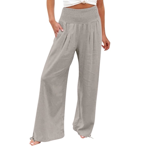 Women's Pants Fashion Plus Size Pants High Waist Wide Leg Prints For Smocked Elastic Waist Loose Comfy Split Casual Pockets