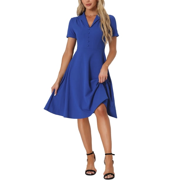 INSPIRE CHIC Vestidos Vintage para Mujeres 2024 Vestido de Cuello Plano de Manga Corta Ajustado y Acampanado XS Azul Real