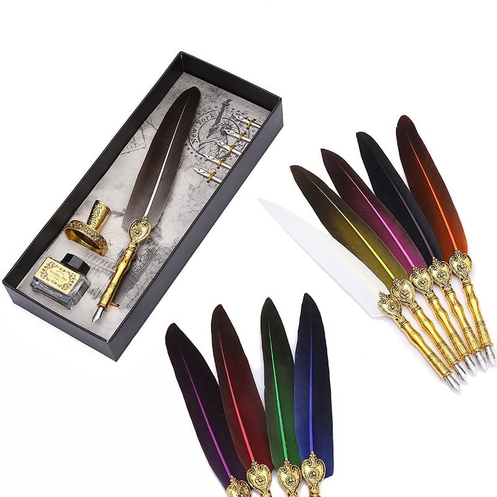 3 Feather Pen Set European Retro Pen Dip Ink Signature Pen Sprinkler Gold Pen Gift Box Manufacturer Spot Blue 1.0mm