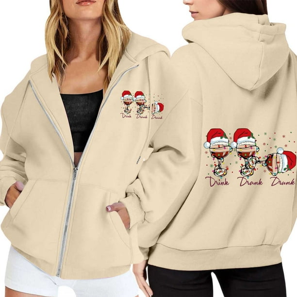 WILLBEST Sudadera Deportiva para Mujer, con Estampado Navideño, Cremallera, Manga Larga, Bolsillo, Cordón Ajustable, Estilo Casual con Capucha, Modelo 1874 Chica