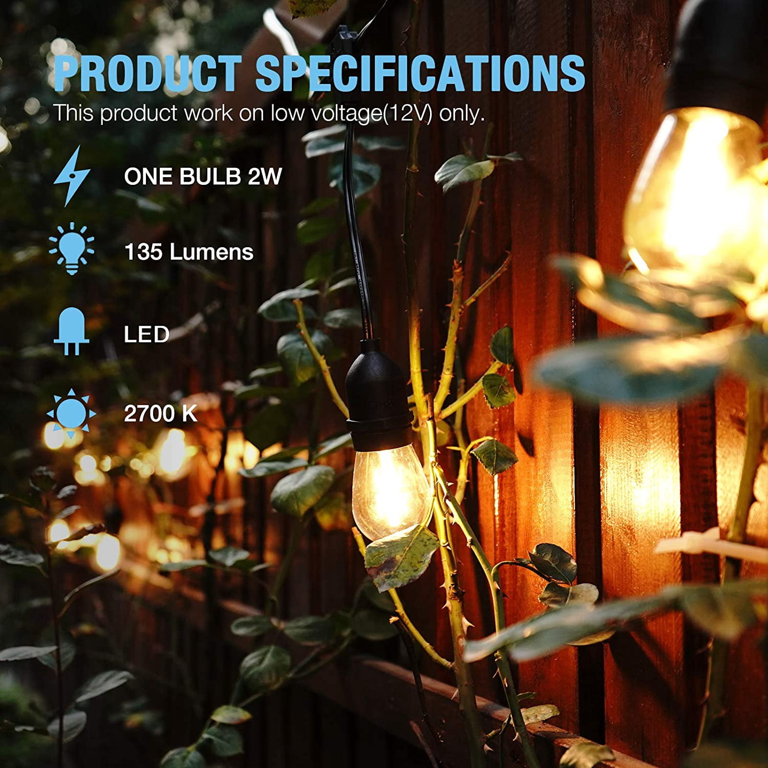 GOODSMANN LED Outdoor Low Voltage String Lights 10 Pack 12V Bulb 50 FT Hanging Waterproof