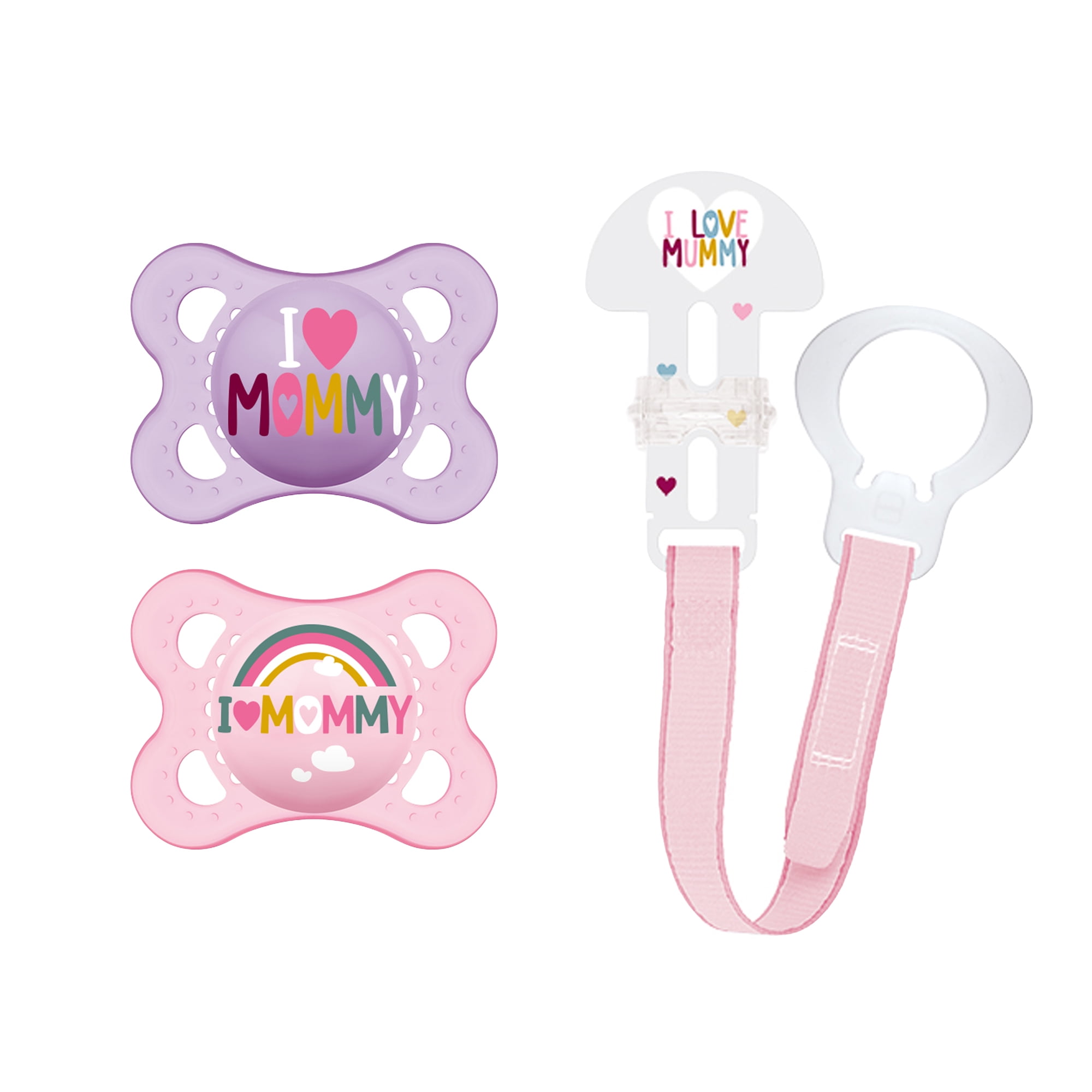 MAM I Love Mommy Collection Pacifiers (2 pack, 1 Sterilizing Pacifier Case), MAM Pacifier 0-6 Months, Baby Girl Pacifier, Best Pacifier for Breastfed Babies