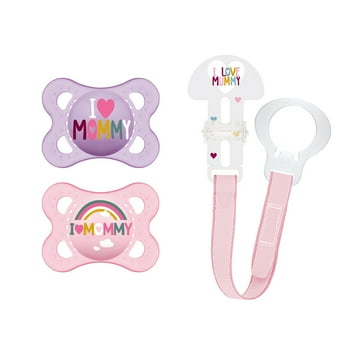 MAM I Love Mommy Collection Pacifiers (2 pack, 1 Sterilizing Pacifier Case), MAM Pacifier 0-6 Months, Baby Girl Pacifier, Best Pacifier for fed Babies