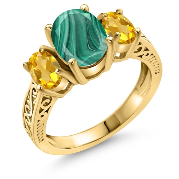 Gem Stone King 3.40 Ct Oval Green Malachite Yellow Citrine 18K Yellow Gold Plated Silver Ring (Size 9)