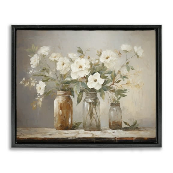 Stupell Industries Country Magnolia Jars Botanical & Floral Painting Black Floater Framed Art Print Wall Art, 21 x 17