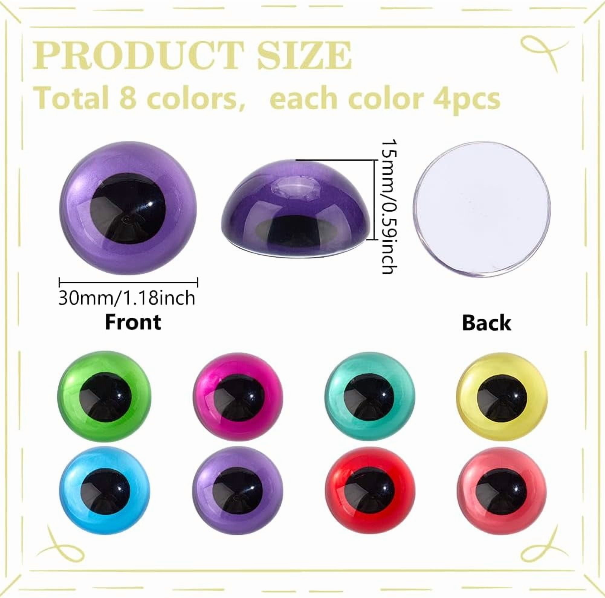 PH 32pcs 30mm Glass Eyes Cabochons 8 Colors Animal Craft Eyes Flatback Dome Cabochons Flat Round Eyes for DIY Art Craft Amigurumi Puppet Sculptures DIY Findings Jewelry Making Colorful DIY