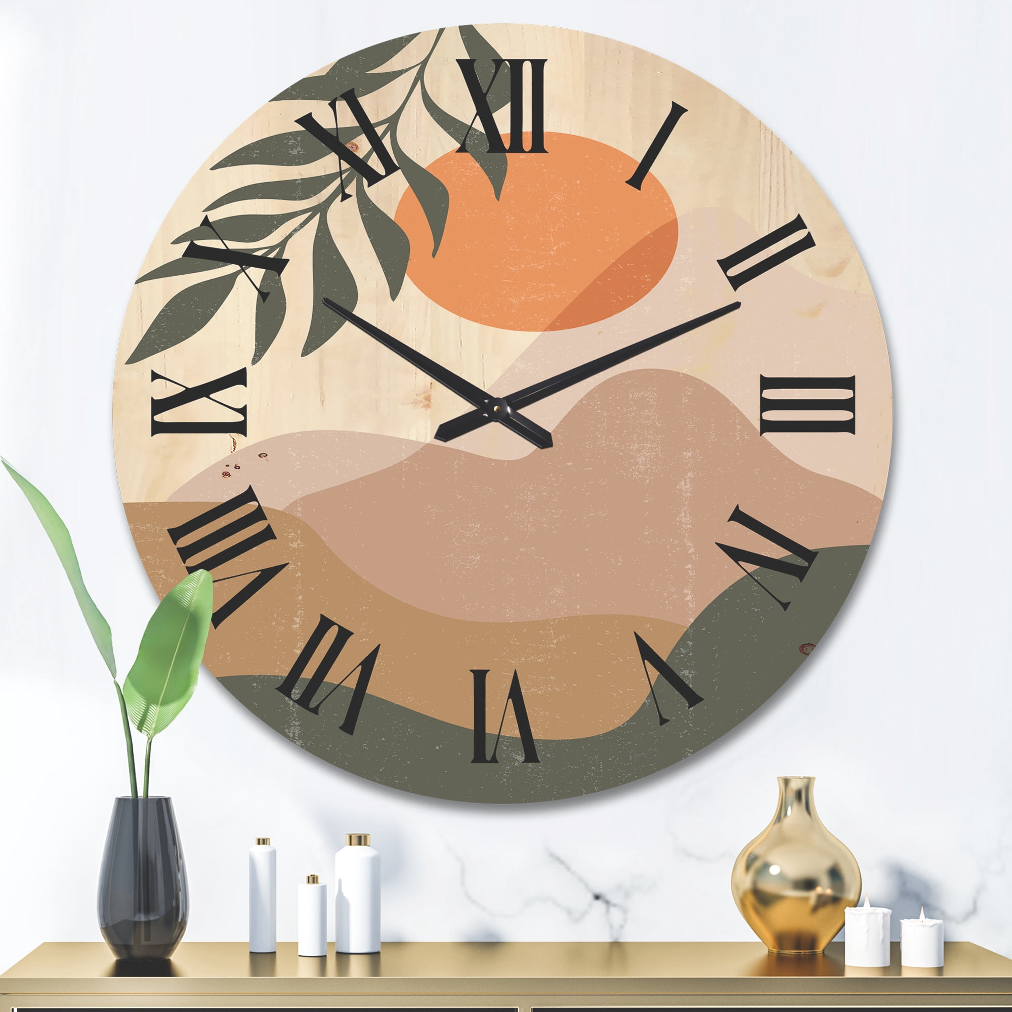 Designart 'Abstract Earth Toned Mountains With Red Moon I' Modern Wood Wall Clock