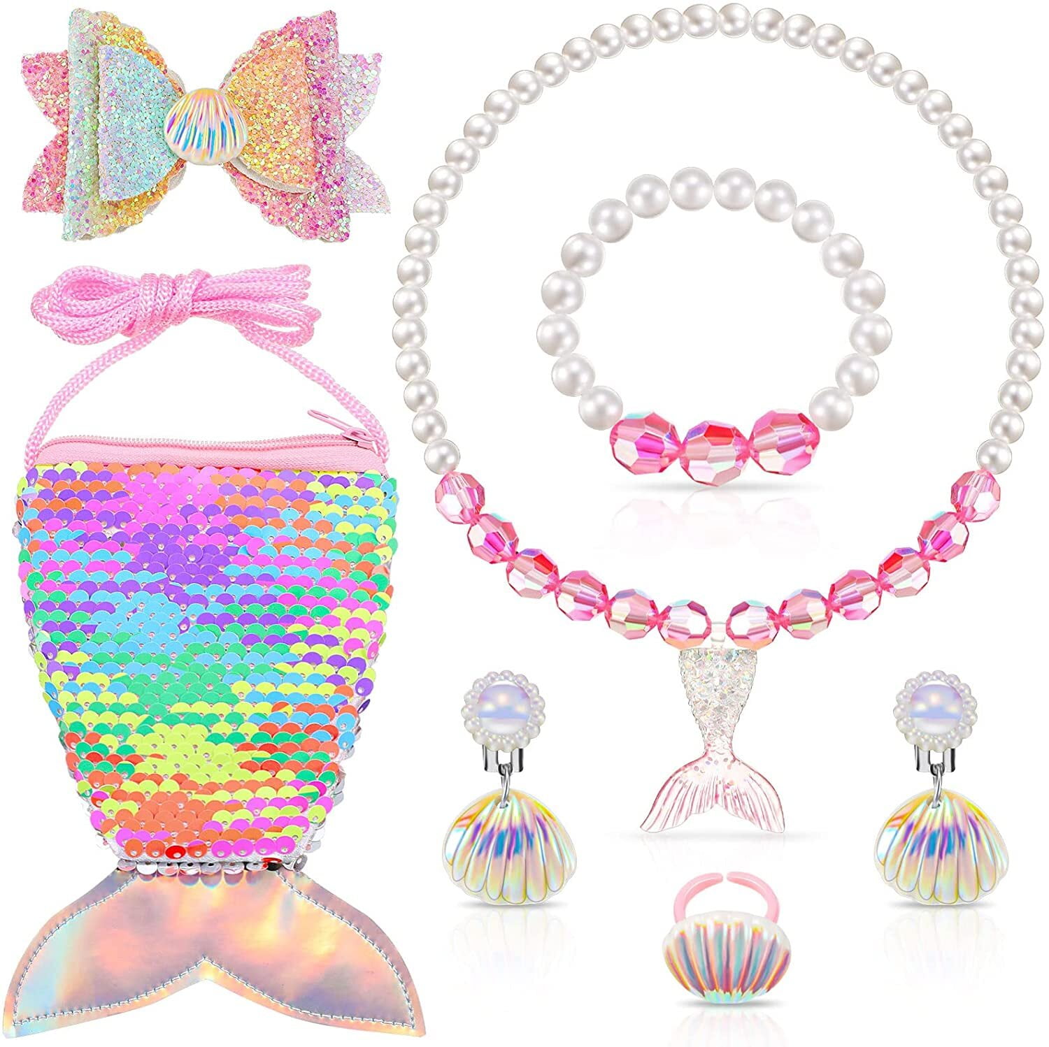 Nuolux 5 in 1 Children Girl Jewelry Set Mermaid Shape Simulation Pearl Children Necklace Bracelet Ring Earring for Toddler Dress Up Jewelry Party
