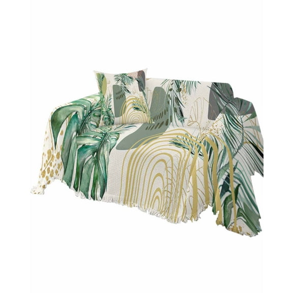 Boho Palm Tree Sofa Couch Covers for Dogs,Washable Sectional Couch Slipcovers for Loveseat with Tassel,Gold Tropical Green Leaves Dots Middle Century Non Slip Sofa Throw Cover Blanket Large 71x102