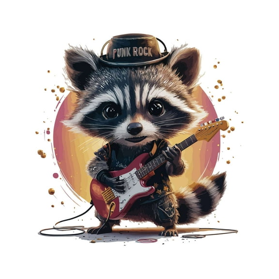 Punk Rock Cute Cartoon Raccoon Playing Guitar Animals Wall Art Sticker Designs Vinyl Stickers For Home House Walls Rooms Windows Bedroom Decoration Size (28x28 inch)